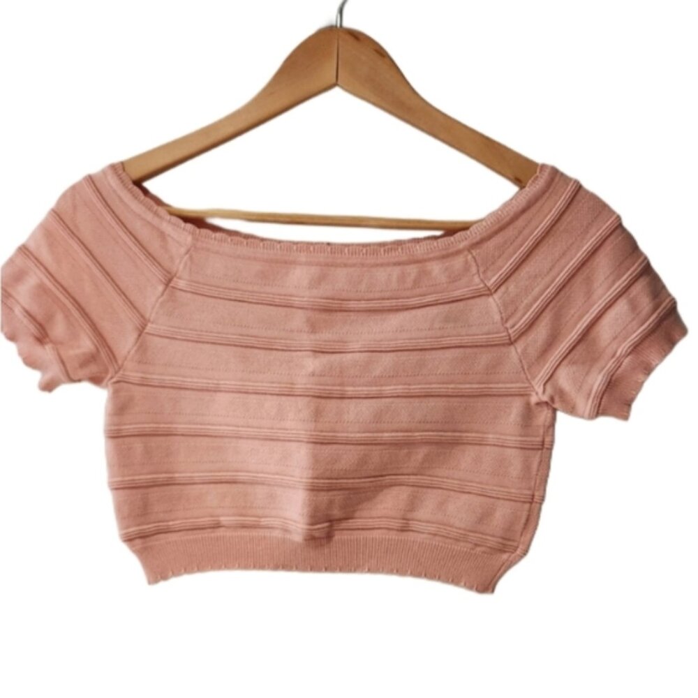 Pink Off-Shoulder Knit Cropped Top, Scalloped Edge, Ribbed